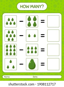 How many counting game avocado. worksheet for preschool kids, kids activity sheet, printable worksheet
