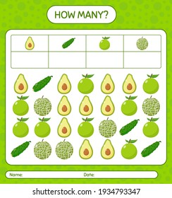 How many counting game avocado, cantaloupe, indian fig , zucchini. worksheet for preschool kids, kids activity sheet, printable worksheet