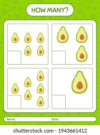 How many counting game with avocado worksheet for preschool kids, kids activity sheet, printable worksheet