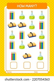 How many counting game with back to school icon. worksheet for preschool kids, kids activity sheet