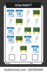 How many counting game with back to school icon. worksheet for preschool kids, kids activity sheet