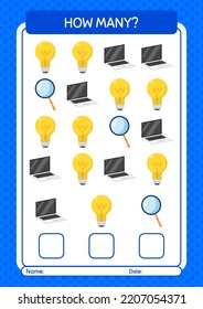 How many counting game with back to school icon. worksheet for preschool kids, kids activity sheet