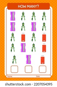 Cuántos juegos de conteo con el icono de regreso a la escuela. hoja de trabajo para niños de preescolar, hoja de actividades para niños