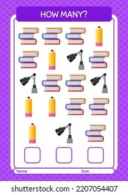 How many counting game with back to school icon. worksheet for preschool kids, kids activity sheet