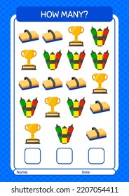 How many counting game with back to school icon. worksheet for preschool kids, kids activity sheet