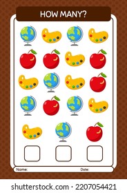 How many counting game with back to school icon. worksheet for preschool kids, kids activity sheet