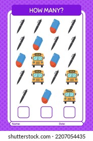 How many counting game with back to school icon. worksheet for preschool kids, kids activity sheet