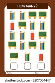 How many counting game with back to school icon. worksheet for preschool kids, kids activity sheet