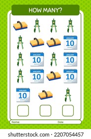 Cuántos juegos de conteo con el icono de regreso a la escuela. hoja de trabajo para niños de preescolar, hoja de actividades para niños