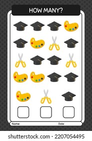 How many counting game with back to school icon. worksheet for preschool kids, kids activity sheet