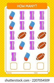 How many counting game with back to school icon. worksheet for preschool kids, kids activity sheet