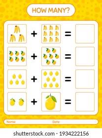How many counting game banana, eggfruit, honeydew melon. worksheet for preschool kids, kids activity sheet, printable worksheet