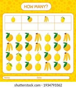 How many counting game banana, eggfruit, honeydew melon, lemon. worksheet for preschool kids, kids activity sheet, printable worksheet