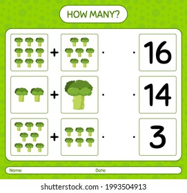 How many counting game with broccoli. worksheet for preschool kids, kids activity sheet, printable worksheet