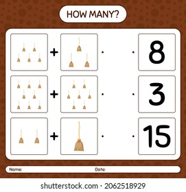 How many counting game with broom. worksheet for preschool kids, kids activity sheet