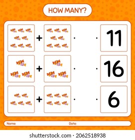 How many counting game with candy. worksheet for preschool kids, kids activity sheet