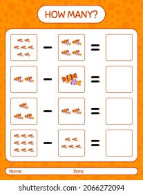 How many counting game with candy. worksheet for preschool kids, kids activity sheet