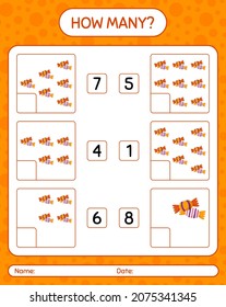 Wie viele zählen Spiel mit Süßigkeiten. Arbeitsblatt für Vorschulkinder, Kinderaktivität