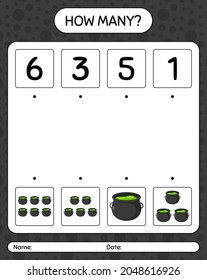 How many counting game with cauldron. worksheet for preschool kids, kids activity sheet