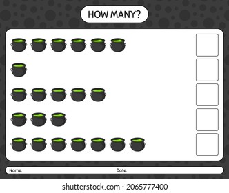 How many counting game with cauldron. worksheet for preschool kids, kids activity sheet