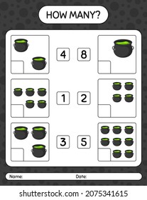 How many counting game with cauldron. worksheet for preschool kids, kids activity sheet