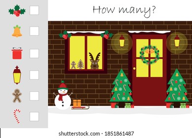 How many counting game with christmas picture for kids, educational maths task for the development of logical thinking, preschool worksheet activity, count and write the result, vector illustration