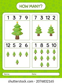 Wie viele zählen Spiel mit Weihnachtsbaum. Arbeitsblatt für Vorschulkinder, Kinderaktivität