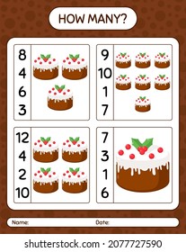 How many counting game with christmas cake. worksheet for preschool kids, kids activity sheet