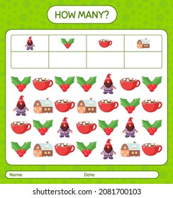 How many counting game with christmas icon. worksheet for preschool kids, kids activity sheet