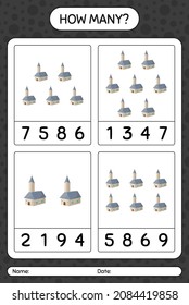 How many counting game with church. worksheet for preschool kids, kids activity sheet