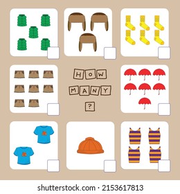 ¿Cuántos de los que cuentan con ropa? Hoja de trabajo preescolar, hoja de actividades para niños, hoja de cálculo imprimible