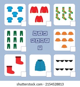 How many counting game with clothes. Preschool worksheet, kids activity sheet, printable worksheet