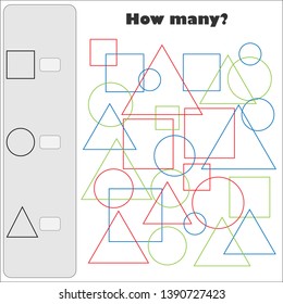 How many counting game with color simple geometric shapes for kids, educational maths task for the development of logical thinking, preschool worksheet activity, count and write the result, vector
