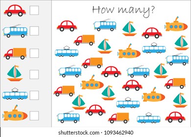 How many counting game with colorful transport for kids, educational maths task for the development of logical thinking, preschool worksheet activity, count  and write the result, vector illustration