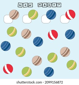 How many counting game with  colorful balls. Preschool worksheet, kids activity sheet, printable worksheet
