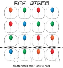 How many counting game with colorful balloons. Worksheet for preschool kids, kids activity sheet, printable worksheet
