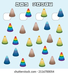 How many counting game with  colorful pyramids. Preschool worksheet, kids activity sheet, printable worksheet
