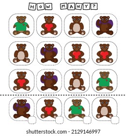 How many counting game with colorful bears. Worksheet for preschool kids, kids activity sheet, printable worksheet