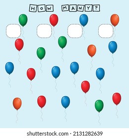 How many counting game with colorful balloons. Worksheet for preschool kids, kids activity sheet, printable worksheet