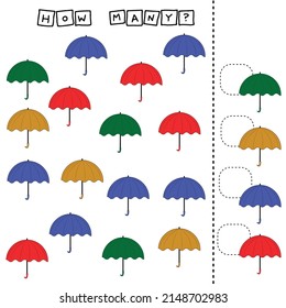 How many counting game with colorful umbrella. Preschool worksheet, kids activity sheet, printable worksheet
