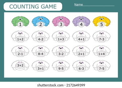 How many counting game with colorful monsters. Preschool worksheet, kids activity sheet, printable worksheet
