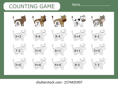 How many counting game with colorful  cows. Preschool worksheet, kids activity sheet, printable worksheet
