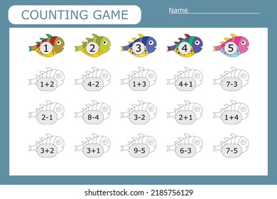 How many counting game with colorful  fishes.  Preschool worksheet, kids activity sheet, printable worksheet
