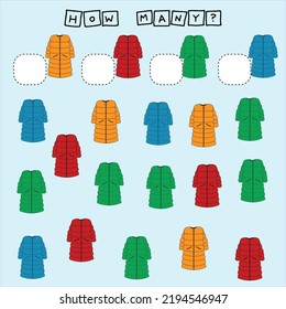 How many counting game with colorful  coat. Worksheet for preschool kids, kids activity sheet, printable worksheet
