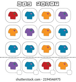 How many counting game with colorful  t-shirts. Worksheet for preschool kids, kids activity sheet, printable worksheet
