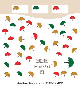 How many counting game with colorful umbrellas. Worksheet for preschool kids, kids activity sheet, printable worksheet