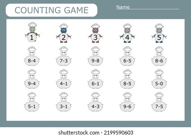 How many counting game with colorful robots. Preschool worksheet, kids activity sheet, printable worksheet
