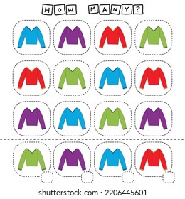 How many counting game with colorful longsleeves. Worksheet for preschool kids, kids activity sheet, printable worksheet
