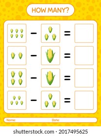 How many counting game with corn. worksheet for preschool kids, kids activity sheet, printable worksheet