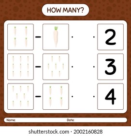 How many counting game with daikon. worksheet for preschool kids, kids activity sheet, printable worksheet